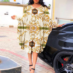 VONDA women's European and American black large size hit color retro pattern printed dress elegant temperament mature round neck long sleeve bat sleeve  A-line skirt large  skirt daily spring and autumn fashion all-match knee-length skirt short skirt