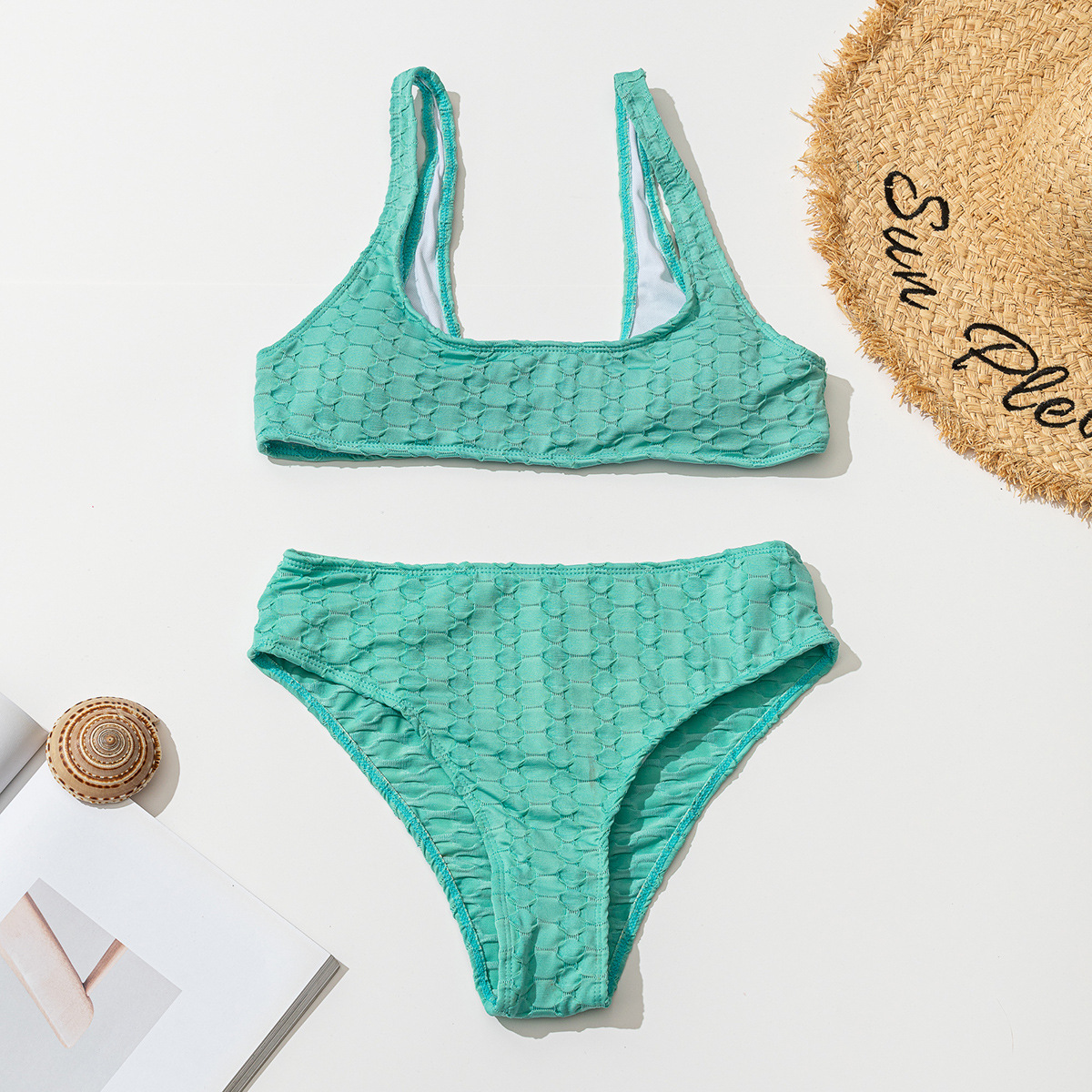 Swimsuit European and American Fashion Round Neck Split Solid Color Bikini Set