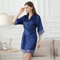 Women Satin Robe Sexy Solid Lingerie Silk Bathrobe Short Kimono Sleepwear Deep V Bridesmaid Wedding Party Dress Gown Nightgown