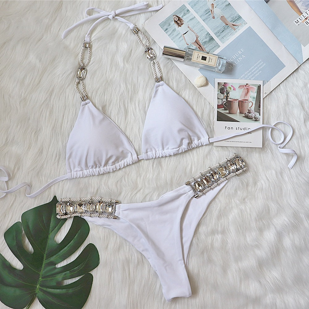 Explosive new cross-border swimsuit crystal diamond women's swimwear plain color strappy halter bikini