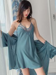 women sexy pijamas 2020 new elegant strap nightdress thin nightgown two-piece Set Nightdress and Sleepwear Robes summer ice silk sleepwear
