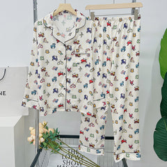 Spring and summer women's popular fashion cardigan sweet ice silk long-sleeved home clothes two-piece suit