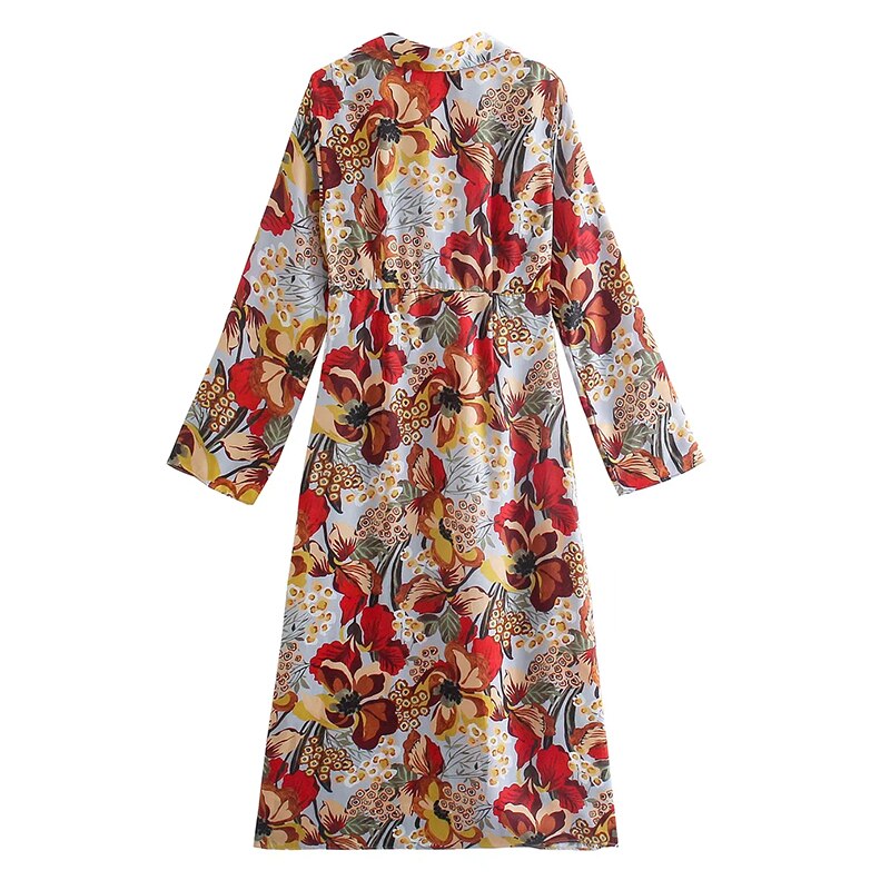 فساتين متوسطة الطول بطبعة زهور على طراز بوهو وياقة مقلوبة وأكمام طويلة فساتين نسائية غير رسمية فضفاضة على شكل حرف A فساتين فيستيدوس 