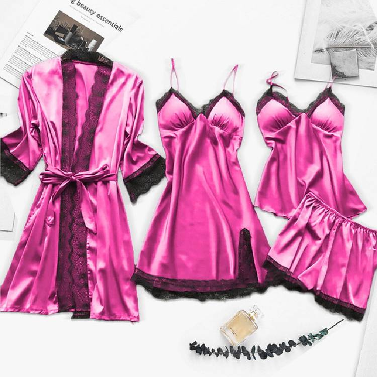 4PC Silk Robe Sleep Suit Womens Lace Satin Pajamas Gown Set V Neck Cami Nighties Wear Pijama Home Nightwear Spring Nightdress