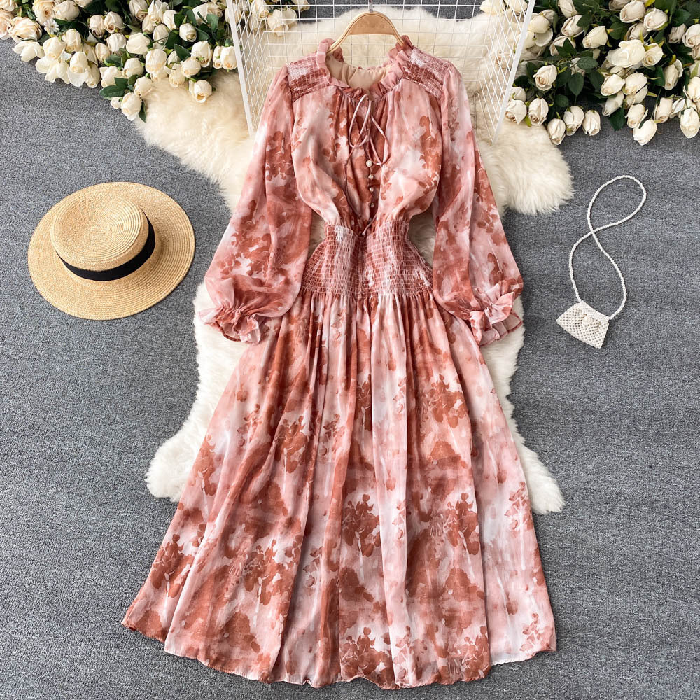 Celebrities' high-end women's clothing elegant printed French dress with slim waist and puff sleeves super  big  long skirt