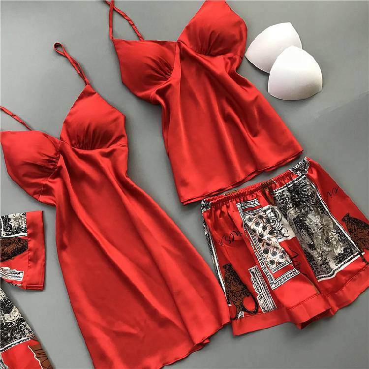 Spring and Autumn Pajamas Women Chest Pad Nightgown Strap Silk Nightdress 4 Pcs Set Tops Long Sleeve Pijama Mujer Sexy Lingerie