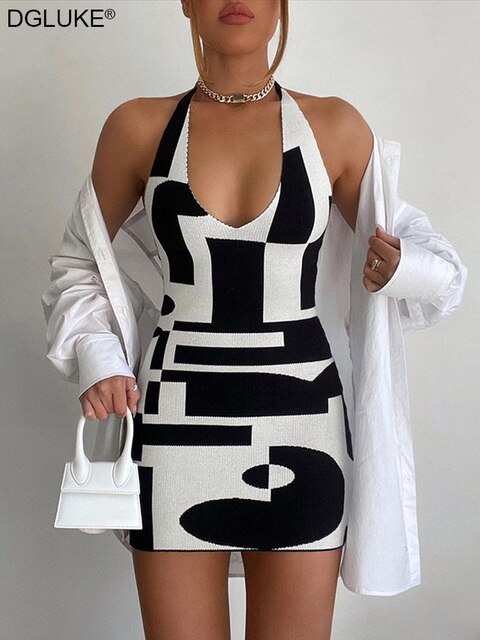 Geometric Print Halter Bodycon Dress Sexy V-Neck Backless Mini Dress Fashion Knitted Short Summer Dress Women 2022