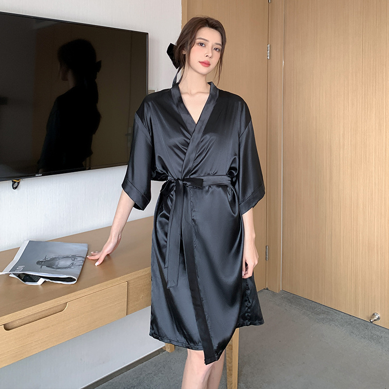 European and American solid color nightgown women's thin dressing gown sexy  silk cardigan bathrobe