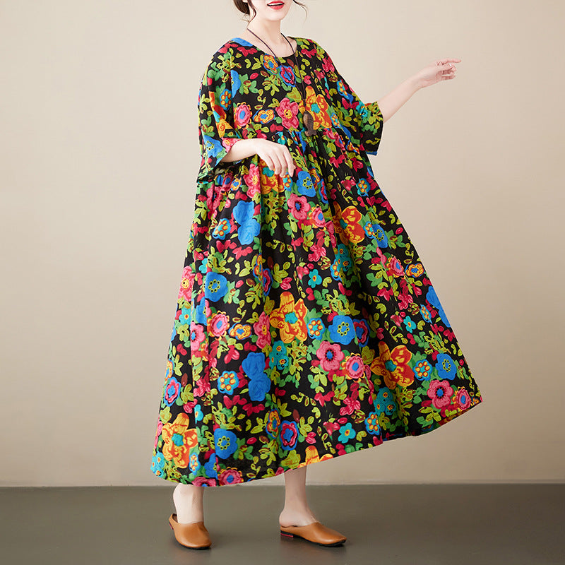 Simple bohemian dress 2023 summer new pastoral style extra wide short-sleeved large  dress