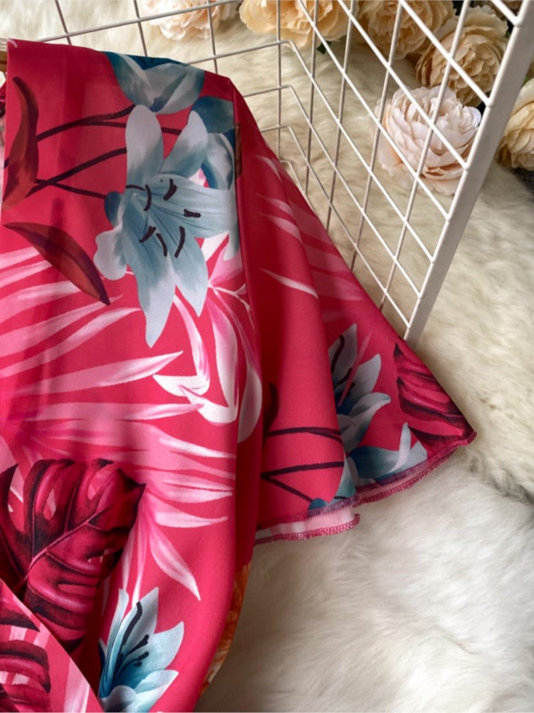 فستان نسائي لربيع وصيف على الطراز الأوروبي والأمريكي أنيق مطوي بطبعة زهور فستان شيفون للإجازات برقبة على شكل حرف V وحزام للسيدات على الشاطئ A-li