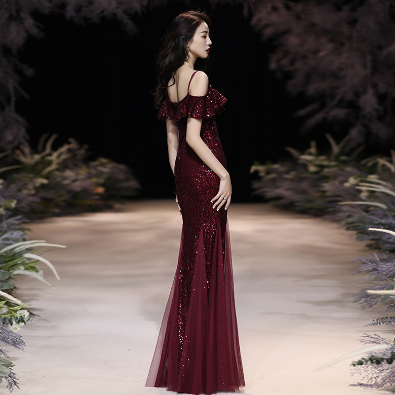 Best-selling new toast clothing red 2022 autumn and winter wedding bride mermaid elegant temperament self-cultivation host evening dress female