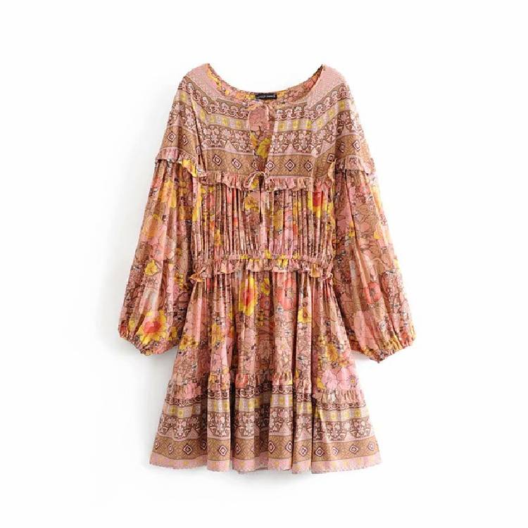 فستان نسائي قصير من Happie Queens مطبوع عليه زهور بأربطة وشرابة للشاطئ بوهيمي فستان قصير للسيدات بياقة على شكل V وكشكشة صيفي بوهو فستان فيستيدوس 