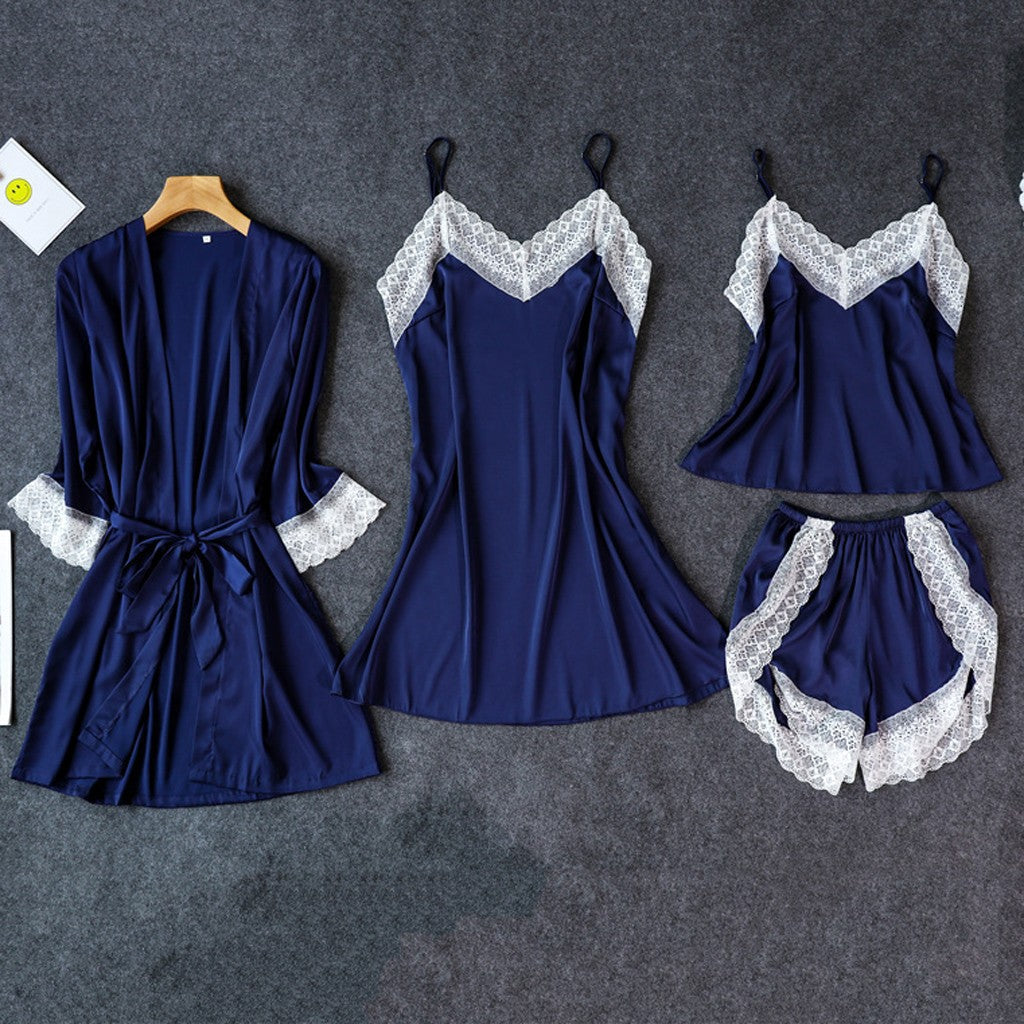 Pajamas Sexy Four-piece Suit Simulation Silk Suspender Nightgown with Chest Pad Ladies Can Wear Nightdress