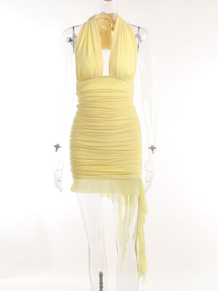 Mozision Elegant Irregular Mesh Mini Dress For Women Robe Halter Deep V Neck Sleeveless Backless Ruched Bodycon Sexy Dress