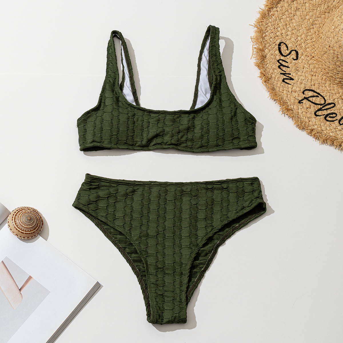 Swimsuit European and American Fashion Round Neck Split Solid Color Bikini Set