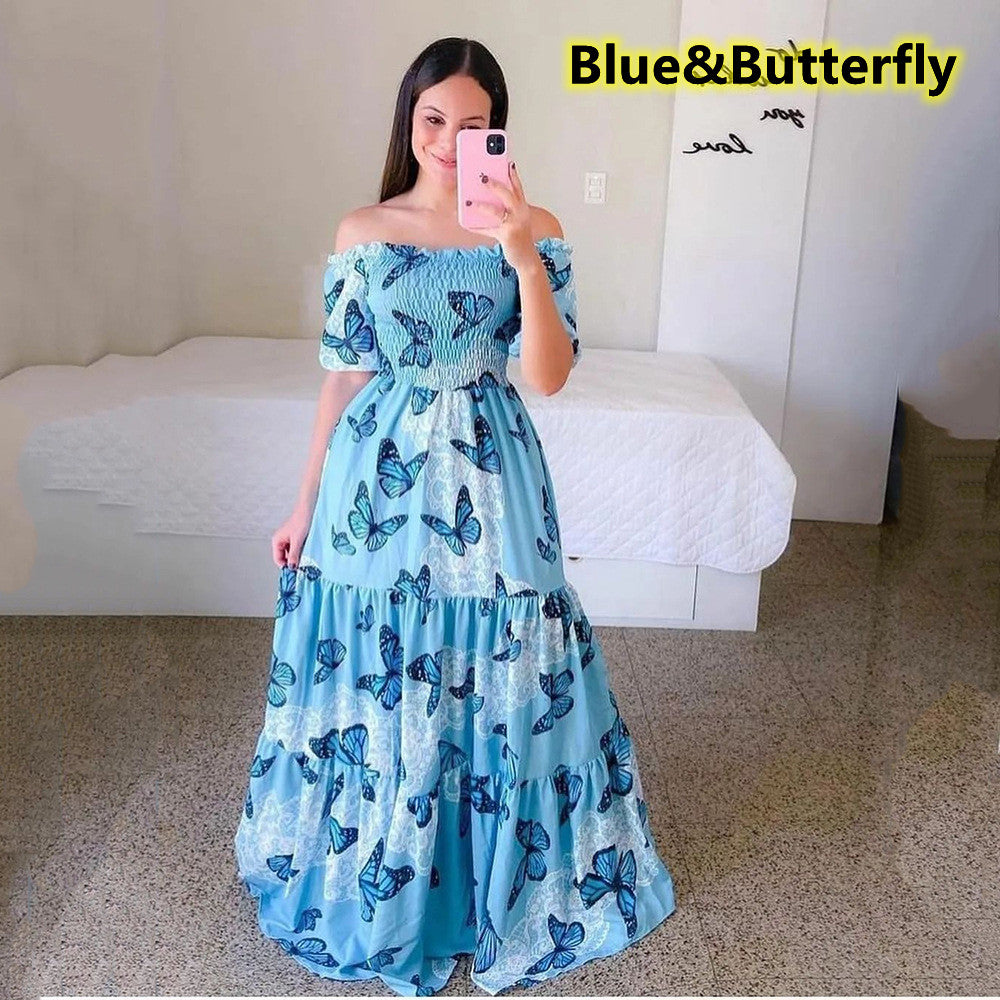 Women's Fashion Off Shoulder Dress Floral Print Long Dress Maxi Dresses Big  Dress Rochii Elegante Kleider Damen Elegant