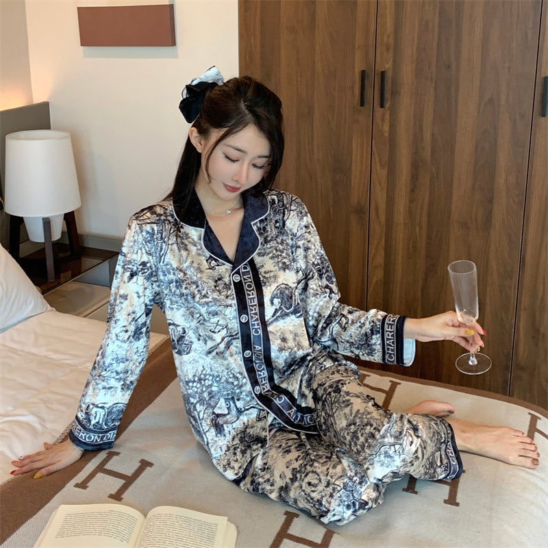 New cardigan gold diamond velvet pajamas women's spring and autumn  end fashion casual two-piece diamond velvet home service