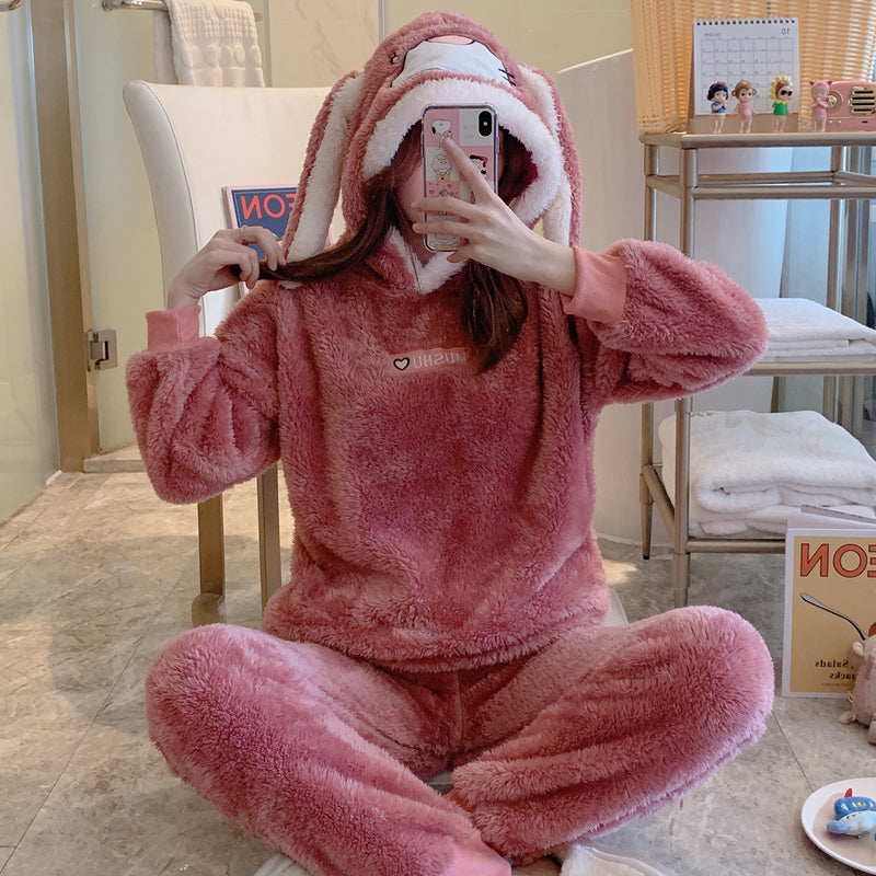 Winter cut flower velvet coral velvet thickened warm long-sleeved pajamas women's plus velvet women's homewear suit