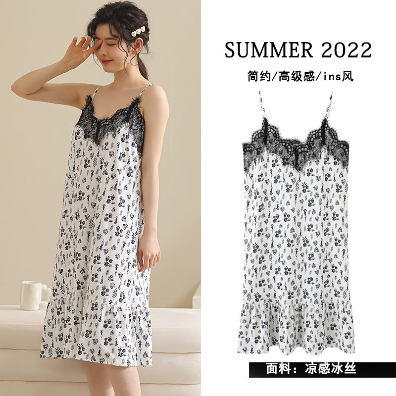 Summer Pajamas Girl Friend Sexy lace Strap Female Student Pajamas Retro Girls Korean Mid length Dress