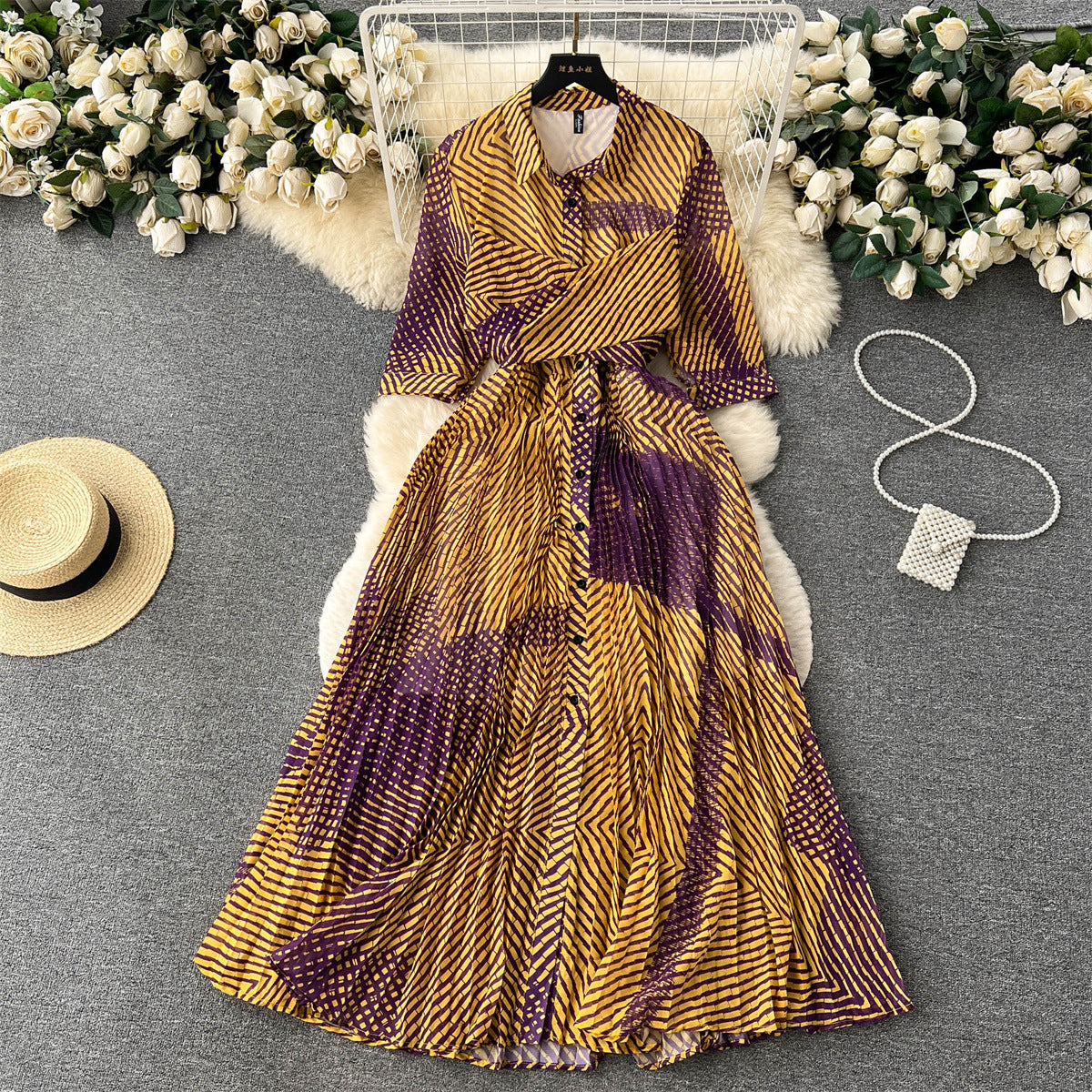 French style high-end five-quarter-sleeve printed color-blocking shirt dress female niche waist slimming temperament pleated long skirt