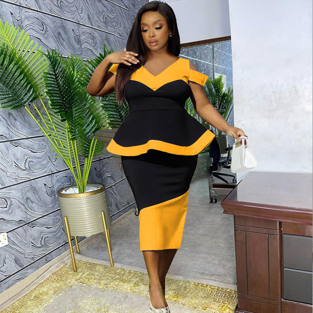 AOMEI Patchwork Dress Bodycon Party Cold Shoulder Color Block Women Peplum Short Sleeve V Neck Elegant African Summer Office New