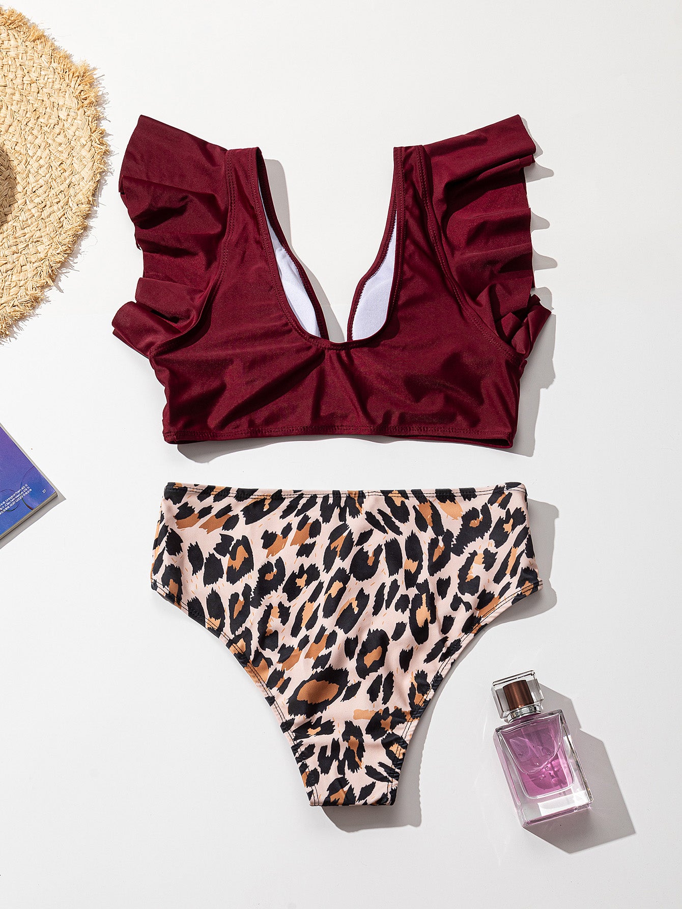 ملابس سباحة بكيني من قطعتين بخصر عالٍ، 9 ألوان مكشكشة