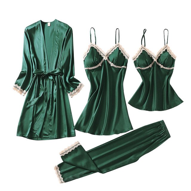 4pc  Silk Robe Sleep Suit Women'S Lace Chiffon Satin Pajamas Gown Set V-Neck Night Wear Pajama Home Nightwear Nightdress