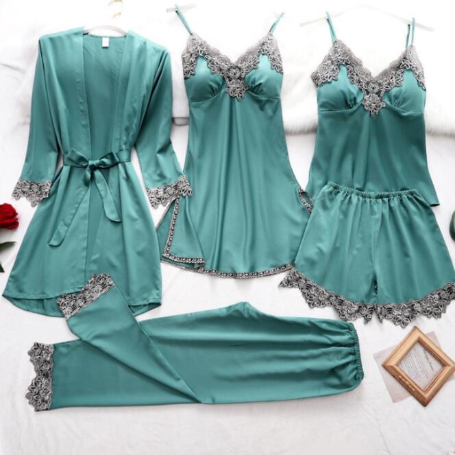 بيجامة أوروبية وأمريكية من الحرير المقلد ملابس داخلية مثيرة مكونة من خمس قطع 