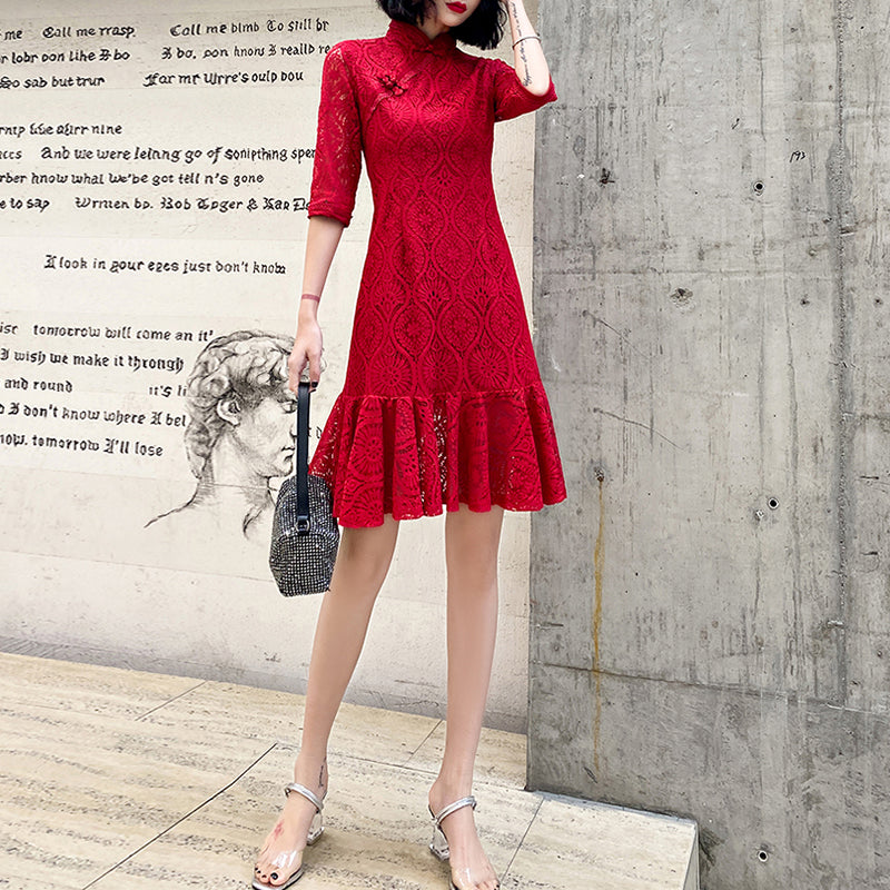 Ladies Short Mid Sleeve Lace Retro Cheongsam Dress LX269