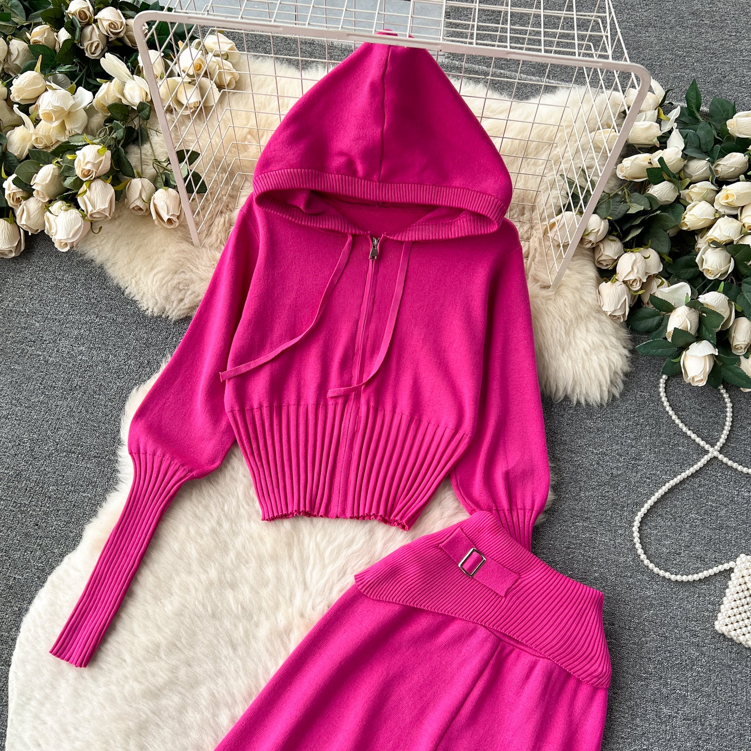 Autumn and winter European and American style minimalist solid color  hooded top +  waisted  trousers casual two-piece set