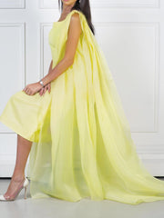 Yellow Elegant Organza Cape Flow Through Dress