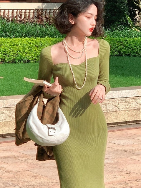Elegant Vintage Knitted Dress Women Autumn 2022 Korean Style Evening Party Midi Dress Ladies Bodycon Casual Sexy Designer Dress