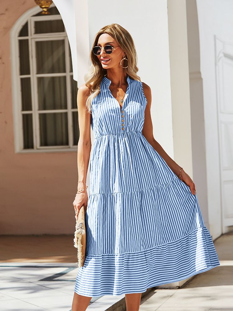 السيدات خمر بوهو فستان صيفي المرأة بلا أكمام عطلة عادية مخطط قميص فستان المرأة فستان الشمس وتتسابق رداء الإناث 