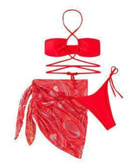 New drawstring strap skirt mesh split bikini with chest pad no steel support three-piece swimsuit bikini