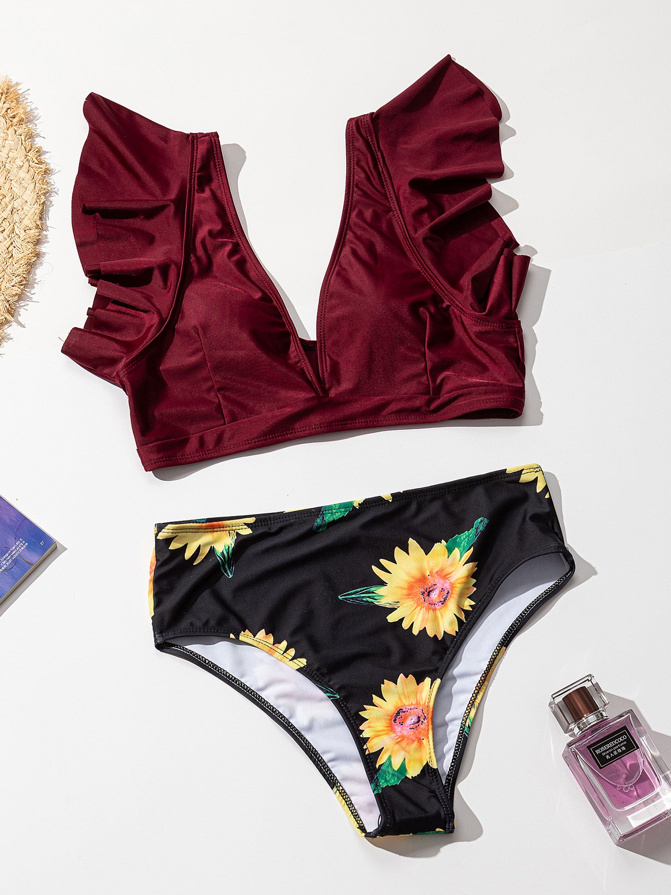 ملابس سباحة بكيني من قطعتين بخصر عالٍ، 9 ألوان مكشكشة