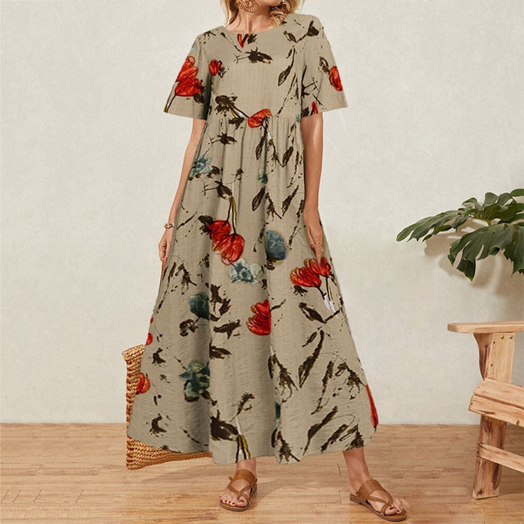 2022 Vintage Cotton Linen Floral Print Short Sleeve Crew Neck Dress