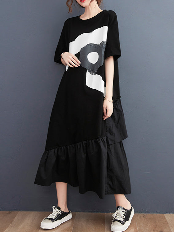 Women's European and American style summer new large size loose t-shirt women's mid-length straight slim ruffled irregular printed dress