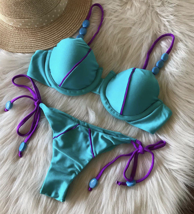 Solid color split swimsuit bikini hot sale new lace up bikini women