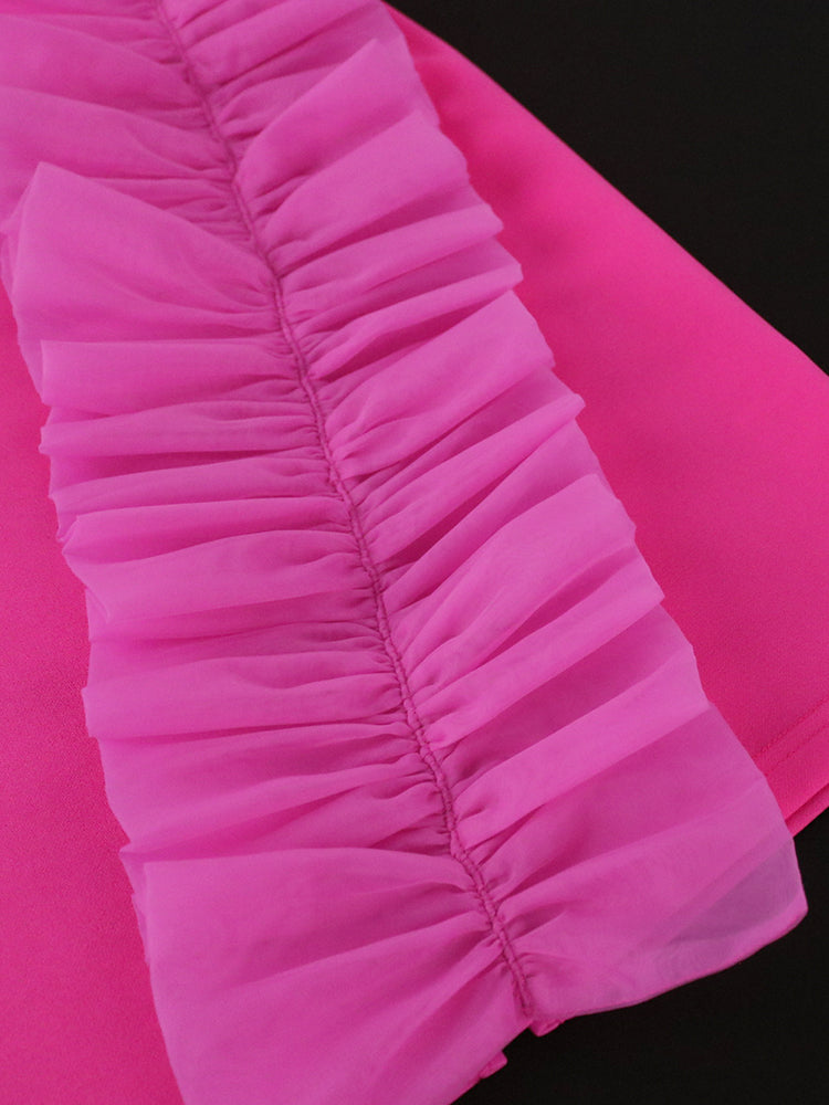 AOMEI Pink Party Dress Women Elegant Long Sleeve Tulle Ruffle Mini Sweet Bodycon Short Wedding Guest Birthday Club Outfits 2022