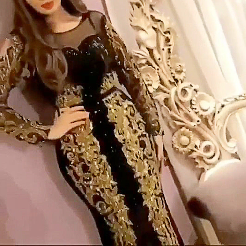 Fashion Round Neck Long Sleeves Sequin  Slim Dress Gown Without Belt