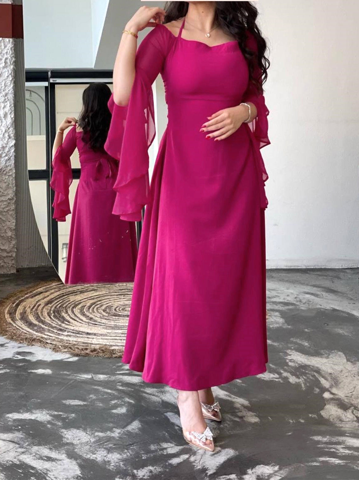 Rose Red Elegant Chiffon Ruffle Sleeve Dress With Strap