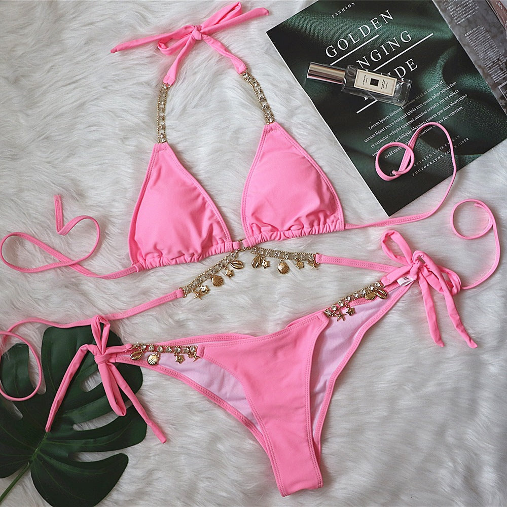 Explosive new swimsuit European and American strappy plain female split crystal diamond bikini creative accessories swimwear