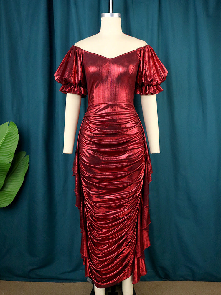 Women Shiny Party Long Dress Folds Short Lantern Sleeves Christmas Glitter Luxury Bodycon Elegant Sexy Prom Wedding Evening Gown