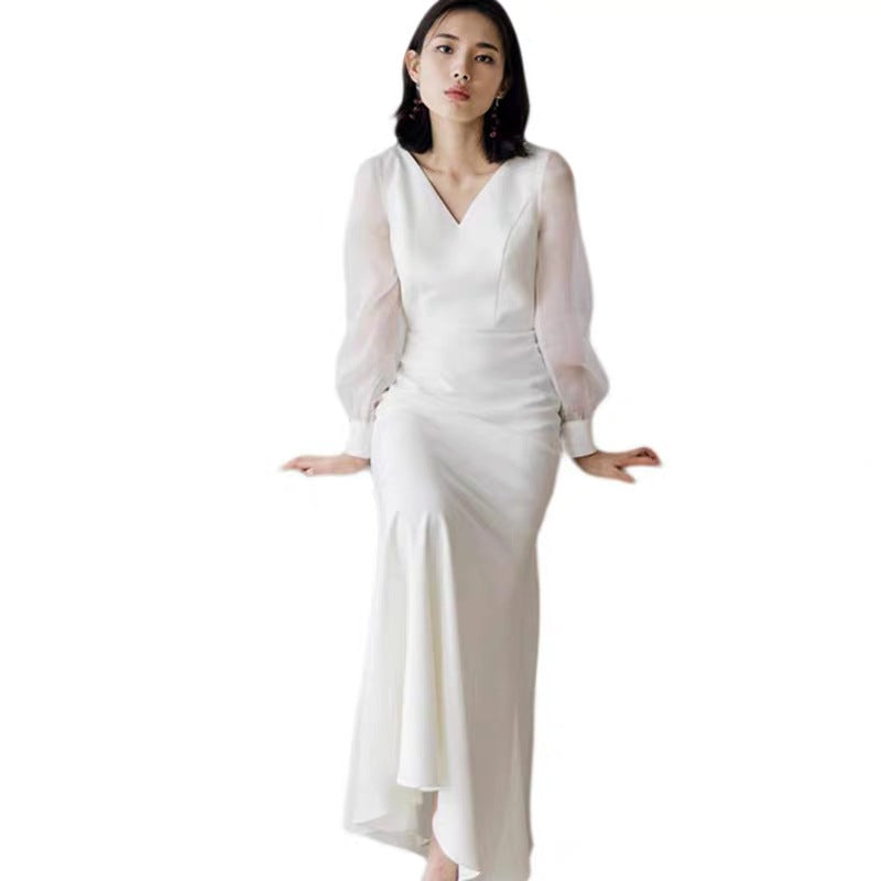 Hot selling new French light wedding dress super  simple white satin bride go out gauze V-neck long-sleeved  party daily dress women