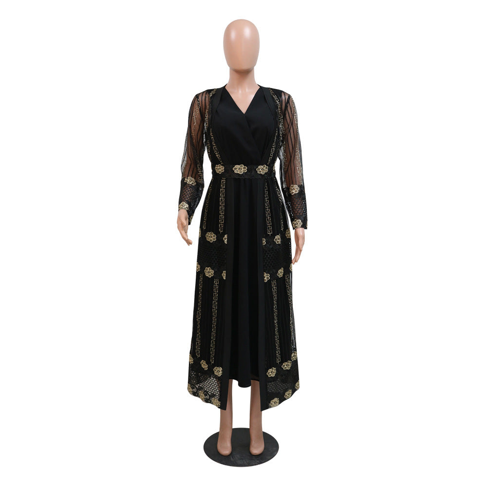 New Summer Middle East Embroidered Mesh Coat and Chiffon Sundress Dress Suit Arab Ladies Kaftan Dress Two-piece Set