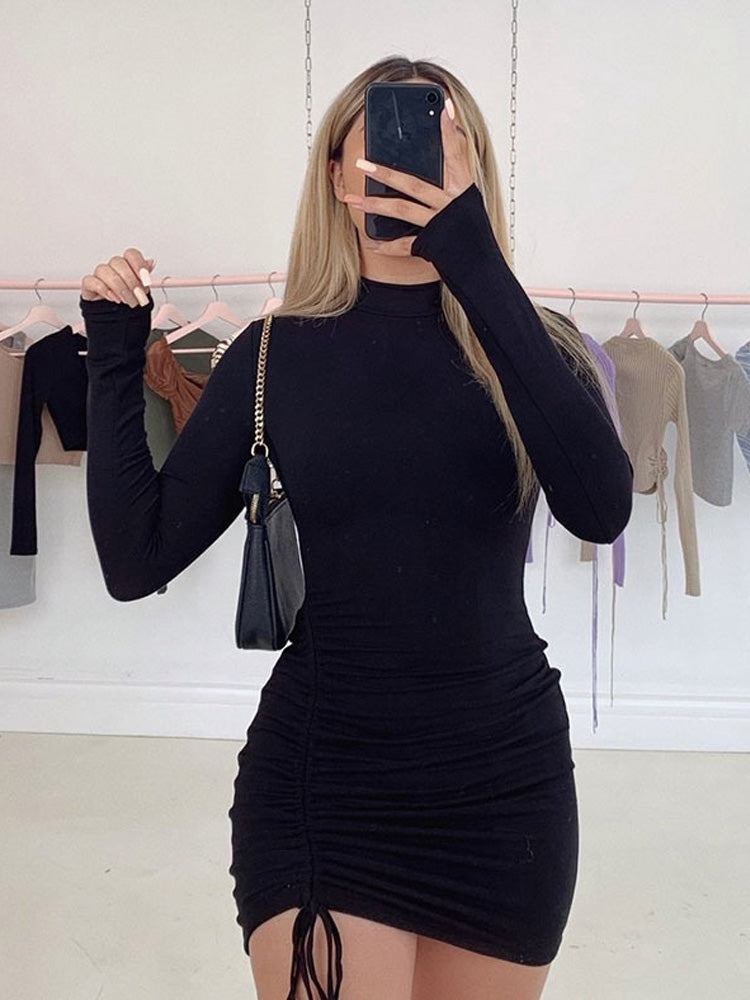 Long Sleeve Pleated Bodycon Dress Women's High Neck Tie Mini Dress Fall Black Skinny Stretch Party Tank Top