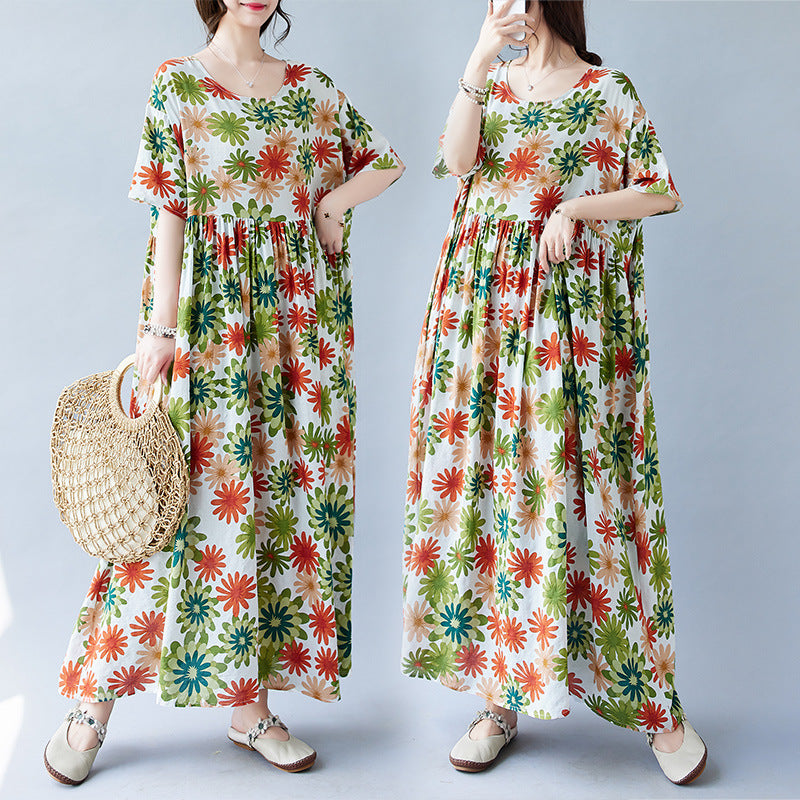 Garden style floral dress 150 pounds 180 pounds fat mm large size women  temperament long skirt