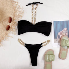 bikini women's split swimsuit solid color sexy chain bikini