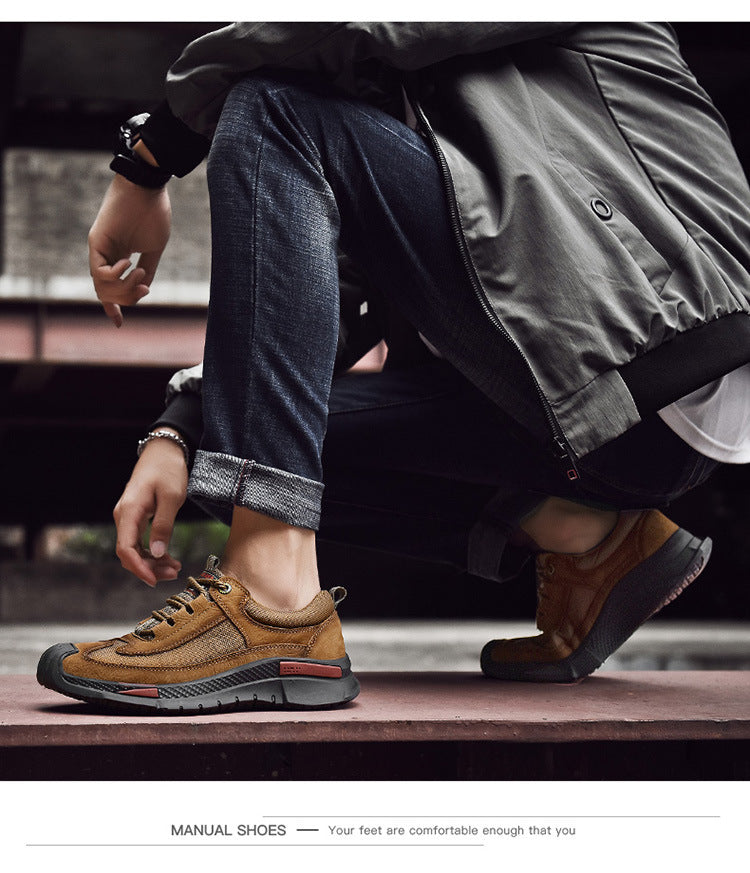 Men's shoes spring and summer men's leather outdoor sports casual shoes all-match leather toe top layer cowhide soft bottom hiking shoes