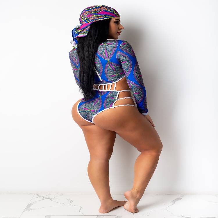 Women Swimsuit Adults Hollow Out Printed Long Sleeve Round Neck Swimwear